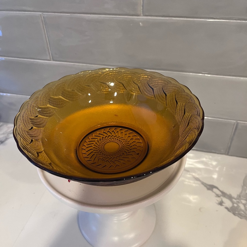 2 Amber Etched Design Glass Bowls
